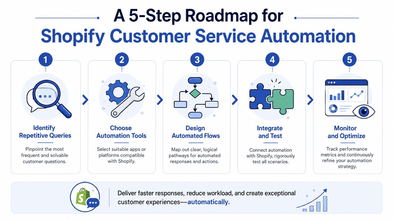 A five-step roadmap for implementing customer service automation on a Shopify ecommerce store.