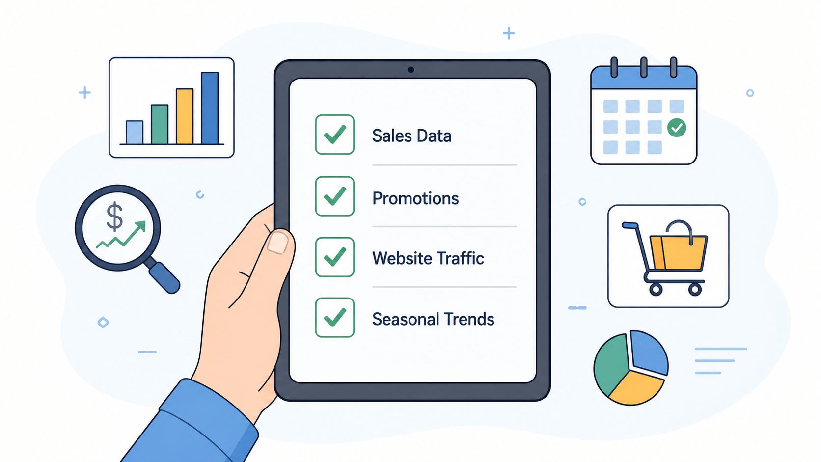 A hand holding a tablet displaying a business checklist for demand forecasting in ecommerce strategies.