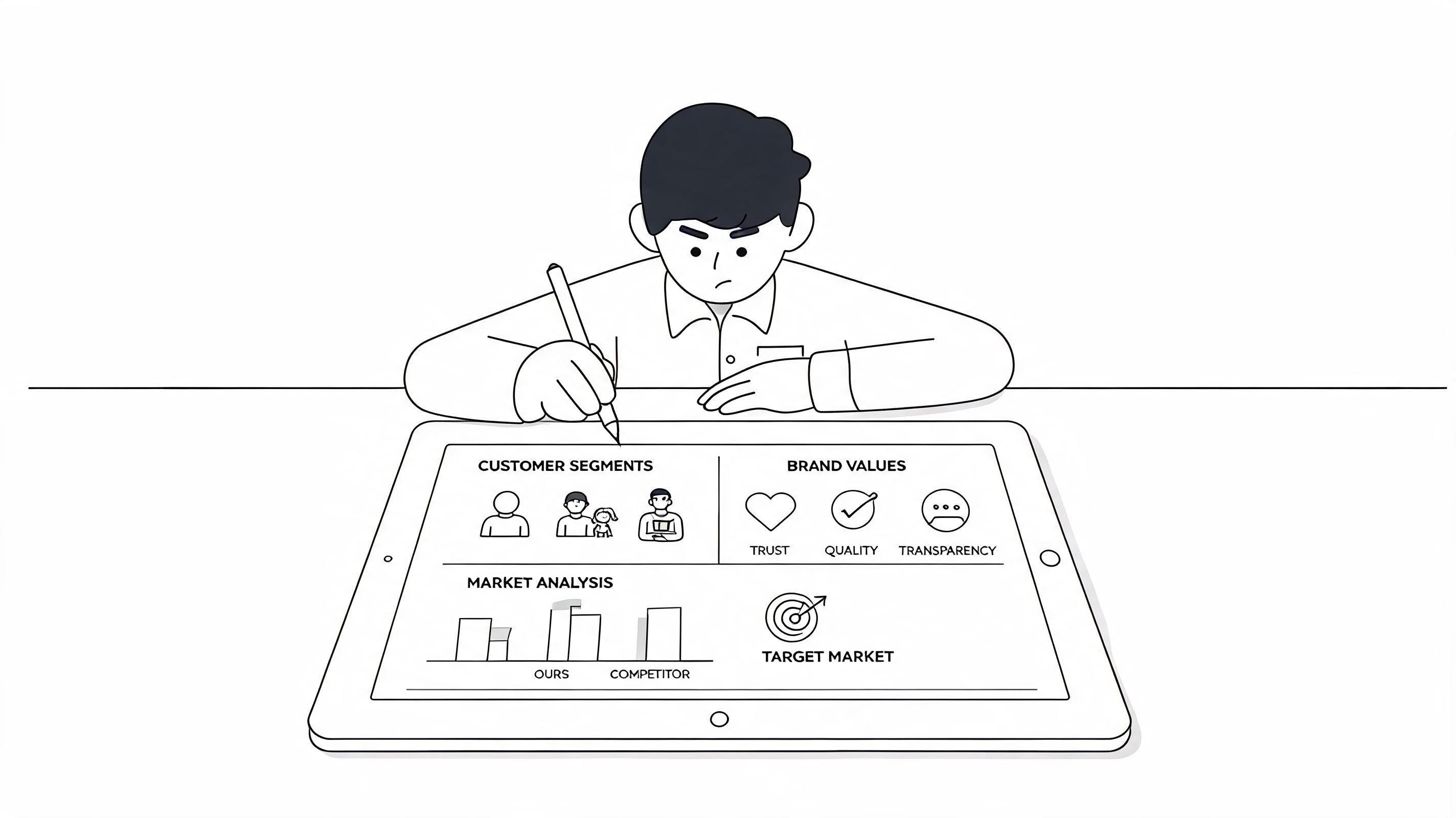 An illustration of a business person analyzing customer segments, brand values, and market performance on a digital tablet.