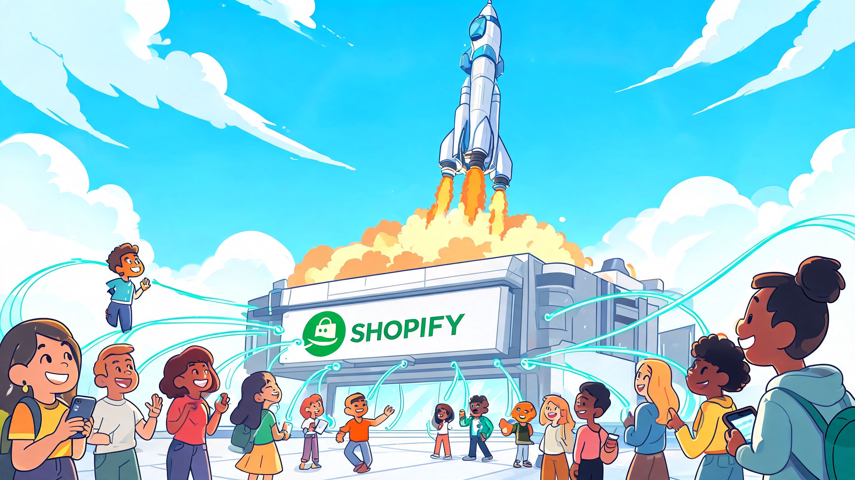 A diverse group of people celebrating a Shopify store launch with a rocket taking off behind.