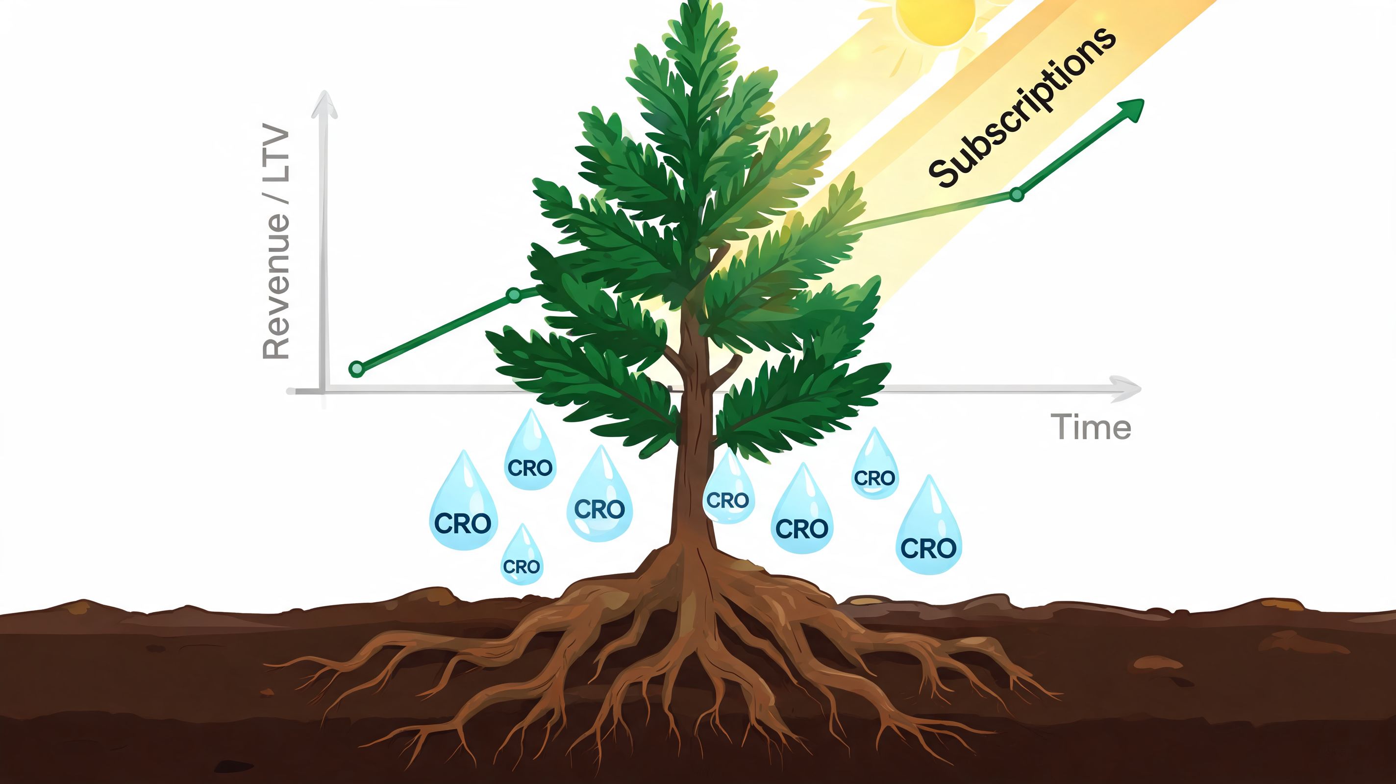 A conceptual illustration showing a tree growing with CRO water drops under a subscription revenue chart.