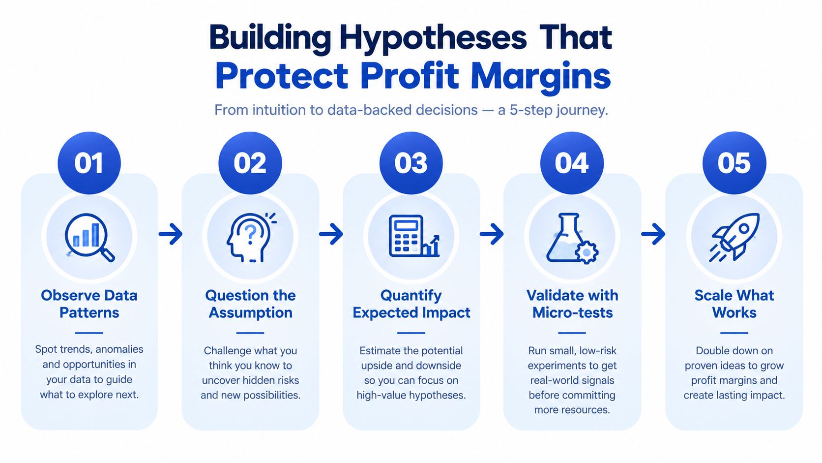 A five-step infographic showing a process to build hypotheses for protecting ecommerce profit margins through data.