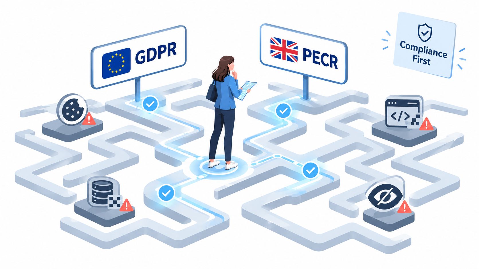 A professional navigating a digital maze representing complex GDPR and PECR data privacy compliance regulations.