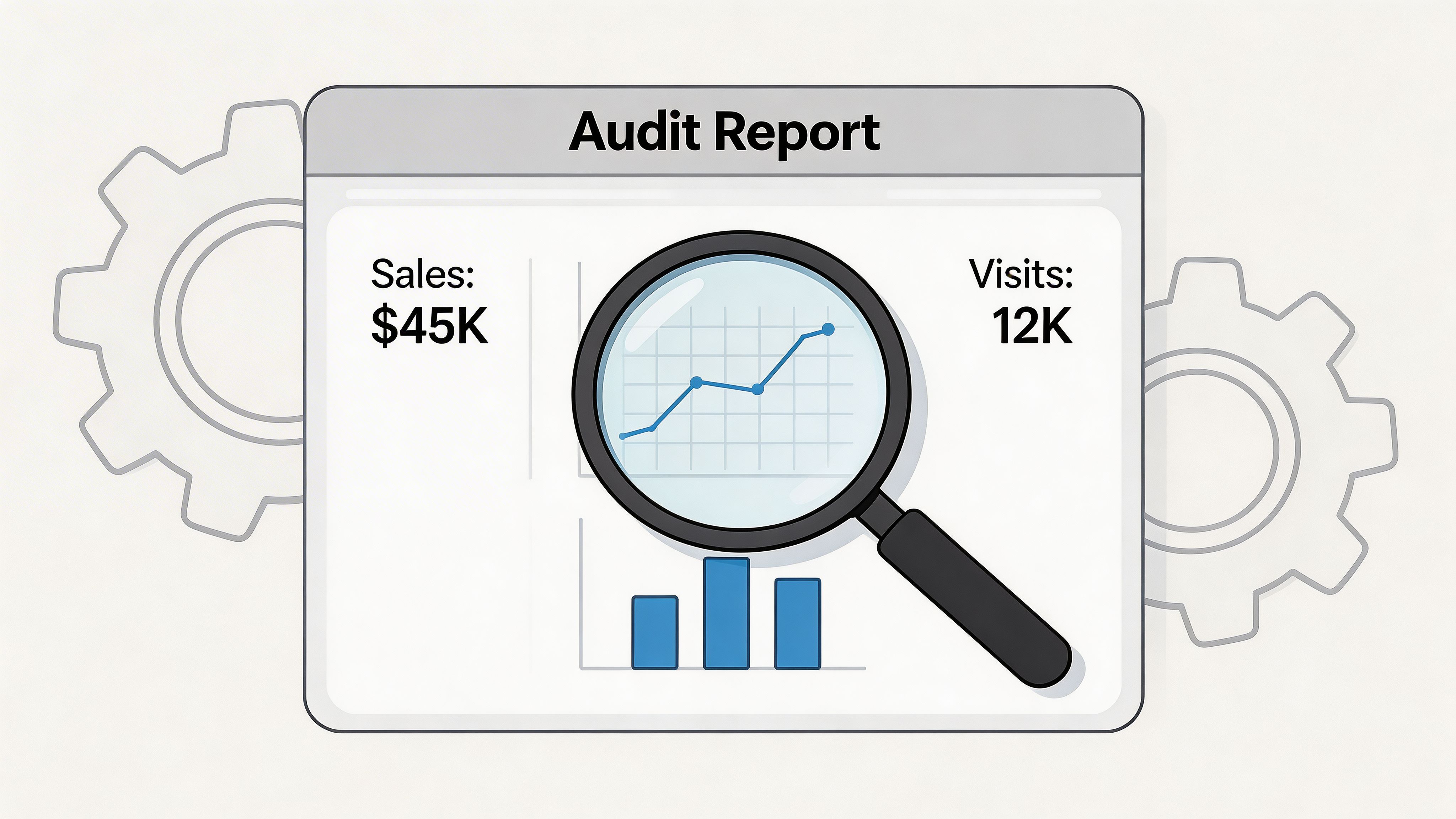 An audit report graphic showing sales data, website visits, and a magnifying glass over a chart.