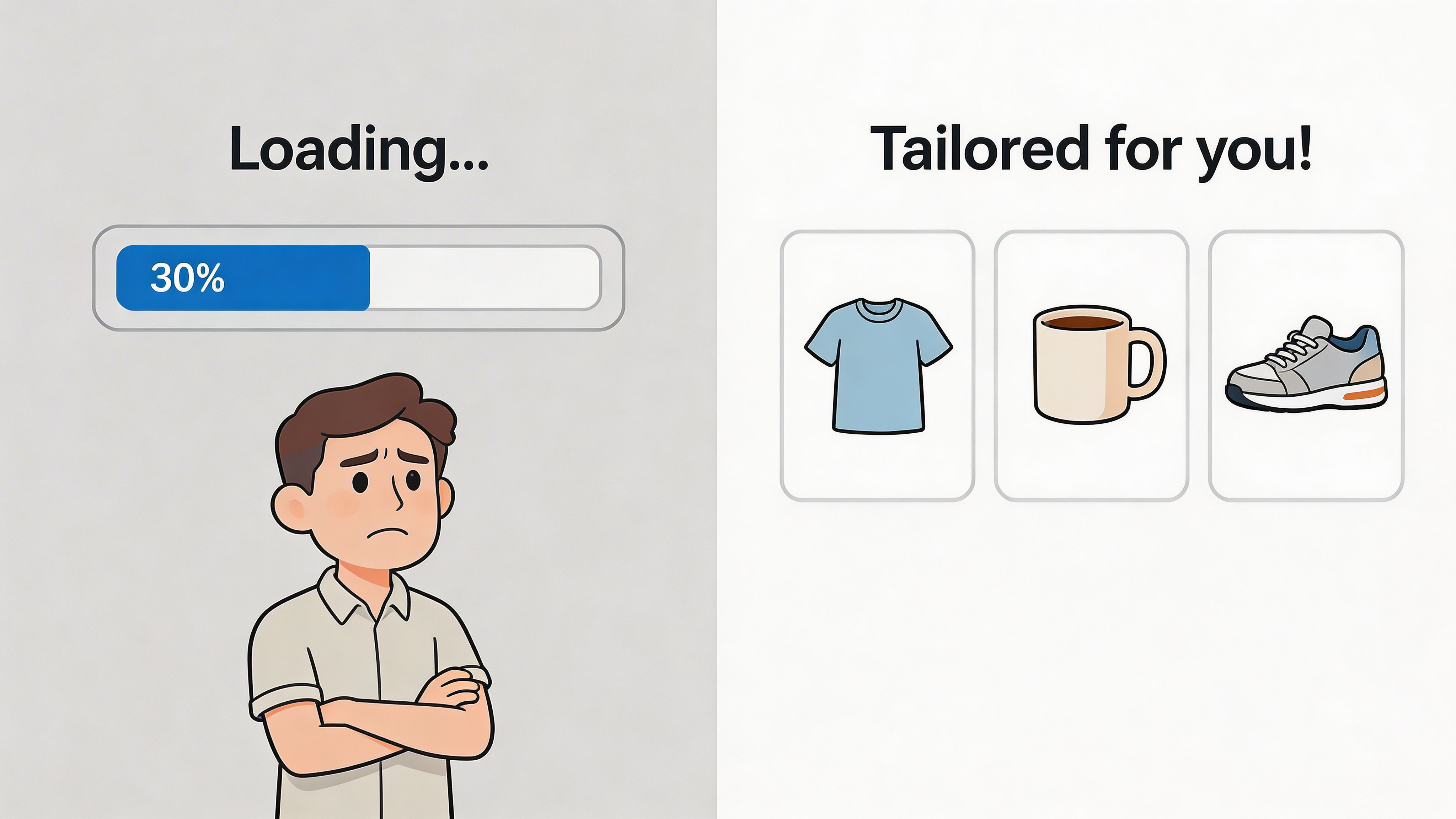 A worried man waiting as a loading bar shows 30 percent progress for tailored ecommerce shopping recommendations.