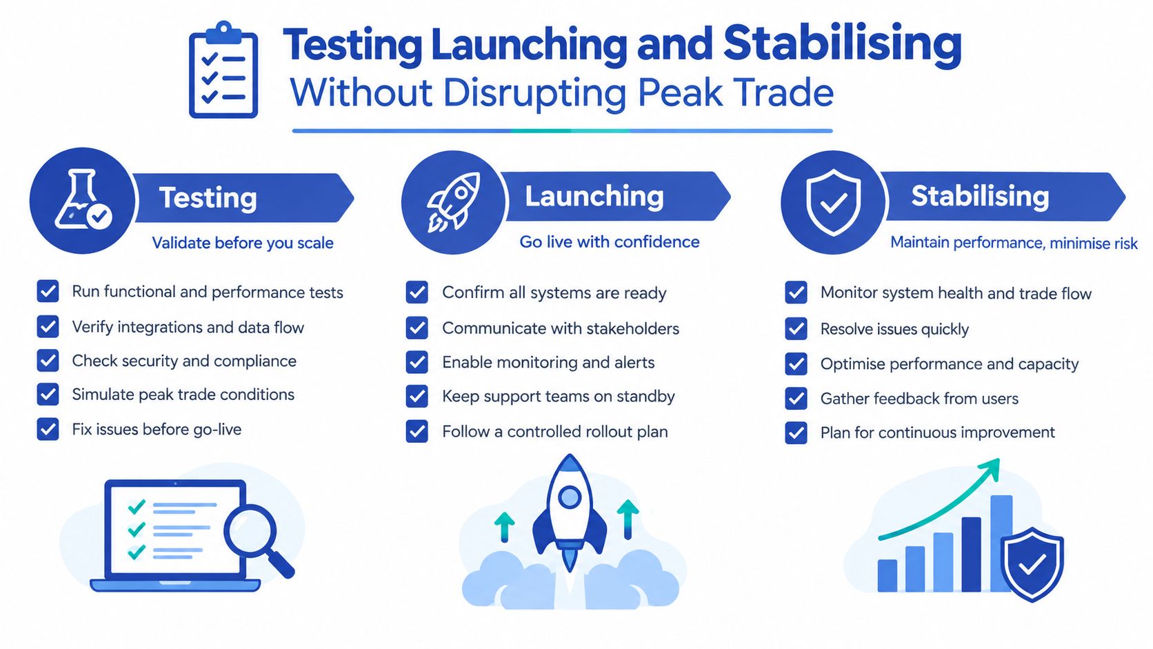 An infographic illustrating the process of testing, launching, and stabilizing systems without disrupting peak trade performance.