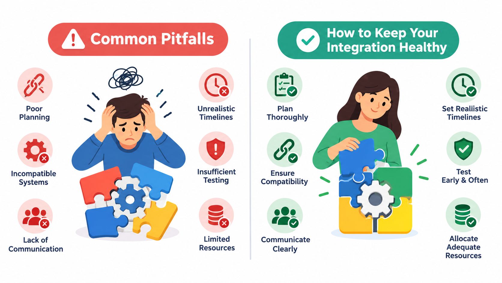 An infographic comparing common integration pitfalls with healthy strategies for successful systems implementation and teamwork.