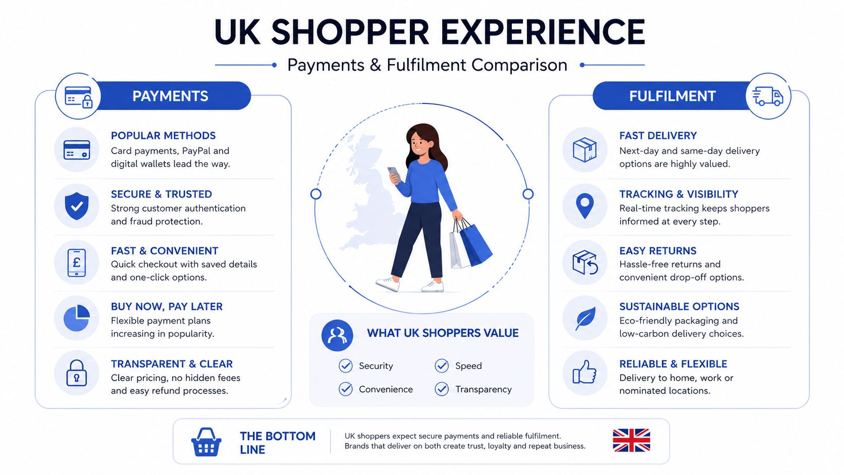 An infographic detailing UK consumer preferences for ecommerce payments and fulfillment strategies and delivery options.