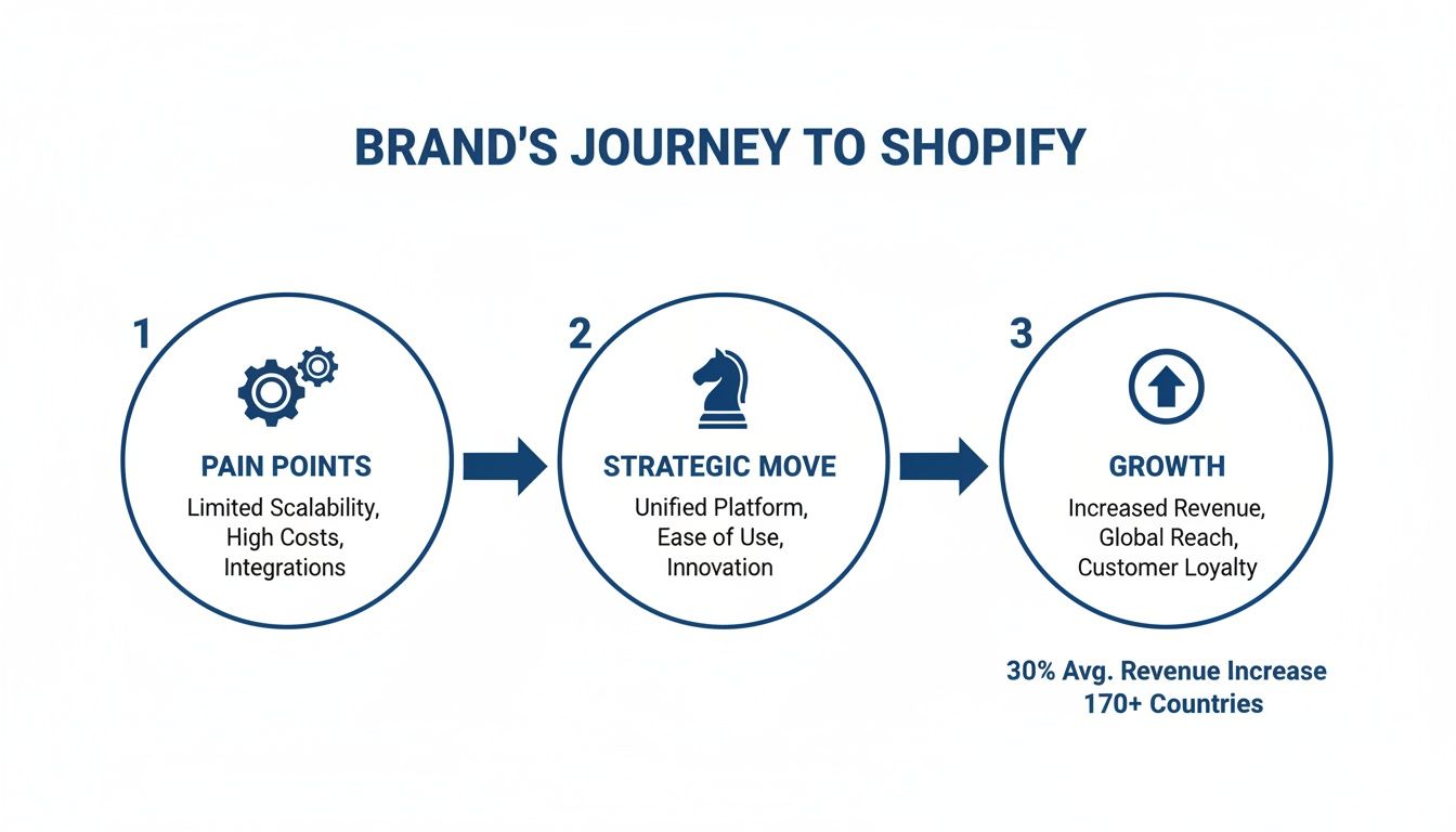 A three-step diagram illustrates a brand's journey to Shopify, detailing pain points, strategic move, and growth.