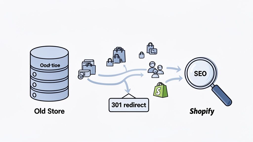 Diagram illustrating an e-commerce platform migration from an old store to Shopify, showing 301 redirects and SEO.