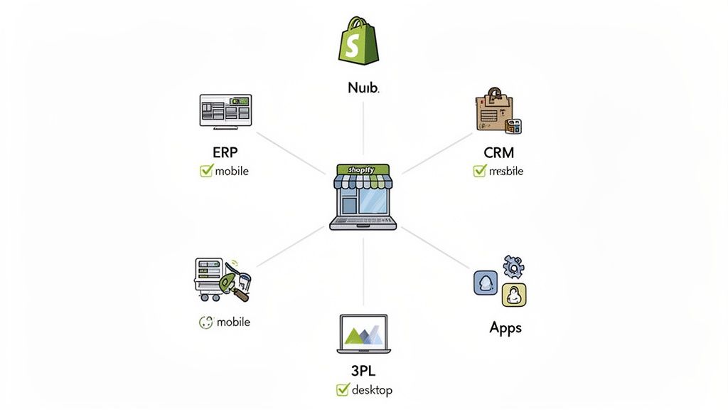 Diagram showing Shopify as a central hub integrating with ERP, CRM, 3PL, Nuib, and various business apps.