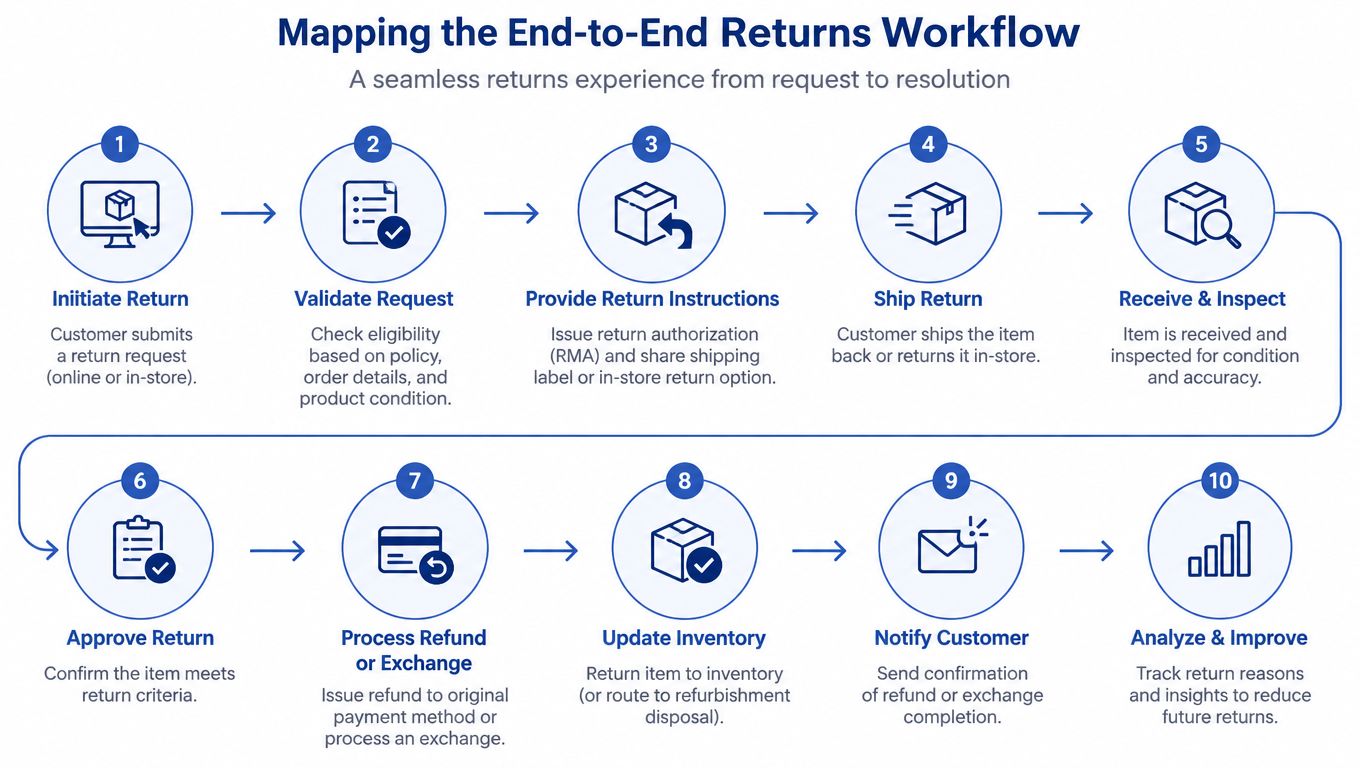 A ten-step infographic illustrating the end-to-end process of managing customer returns in an ecommerce workflow.