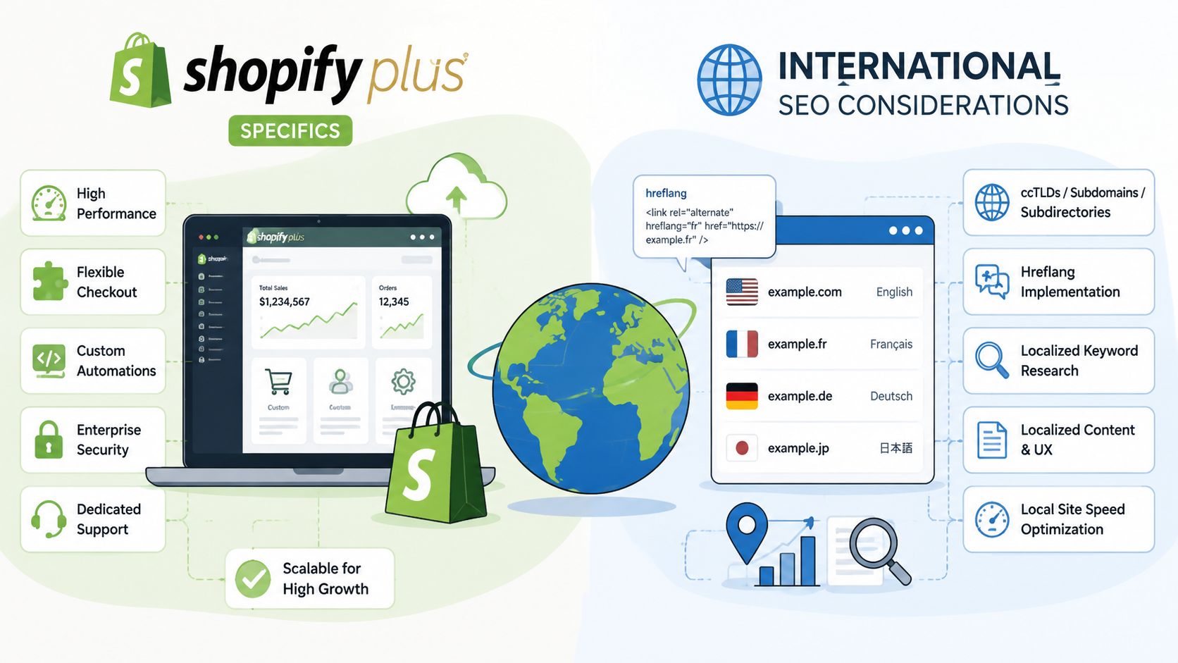 An infographic highlighting Shopify Plus features on the left and international SEO considerations on the right.