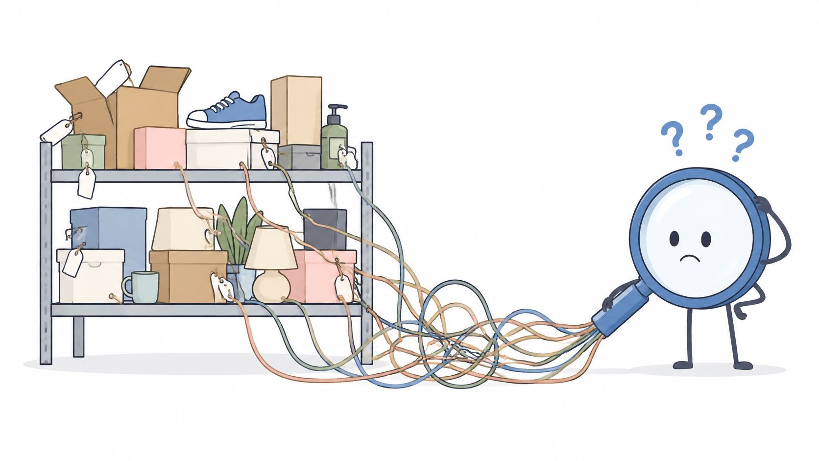 A confused magnifying glass character trying to untangle multiple cables connected to items on a store shelf.