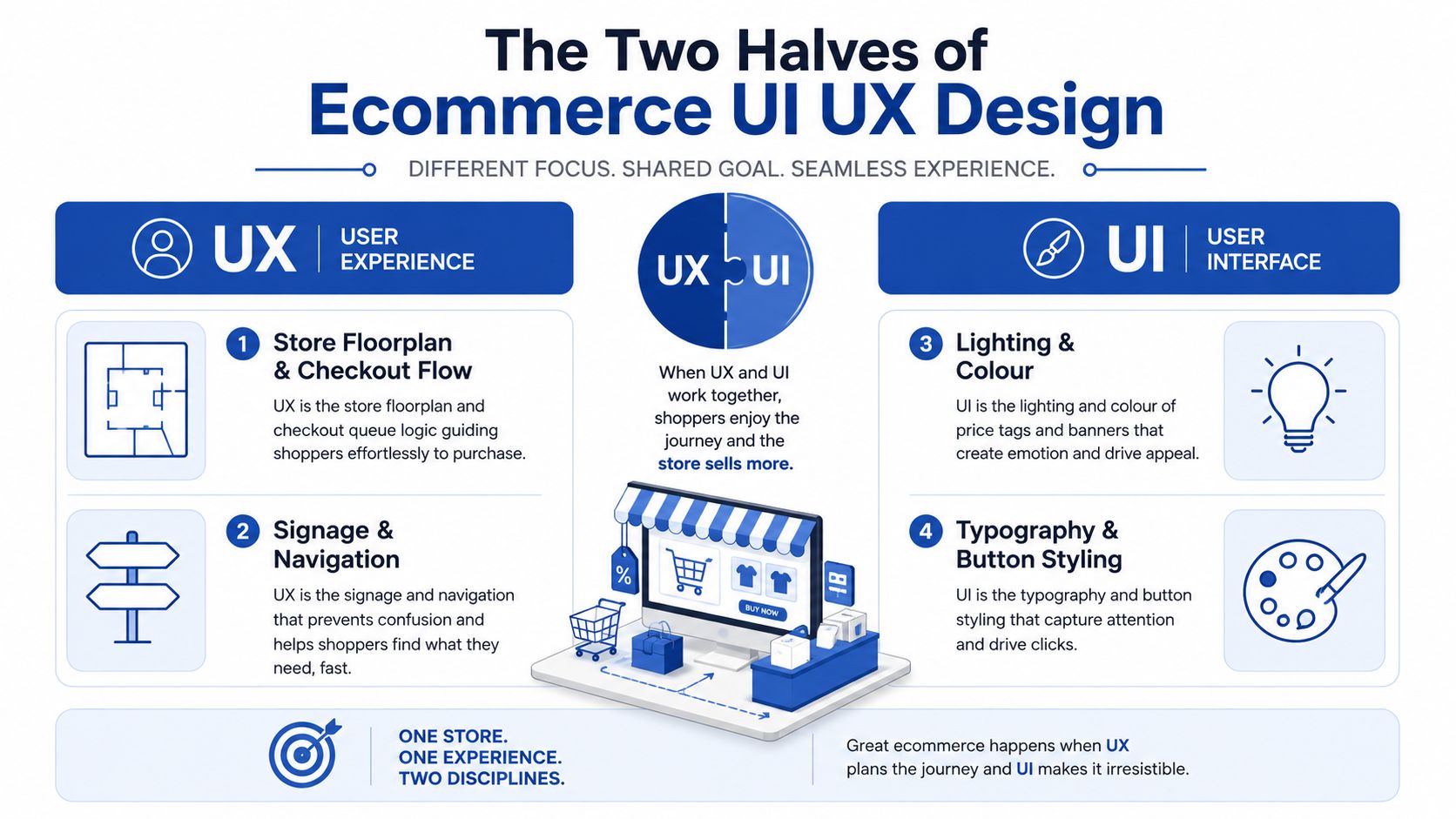 An infographic explaining the relationship and differences between UX and UI design in the context of ecommerce.