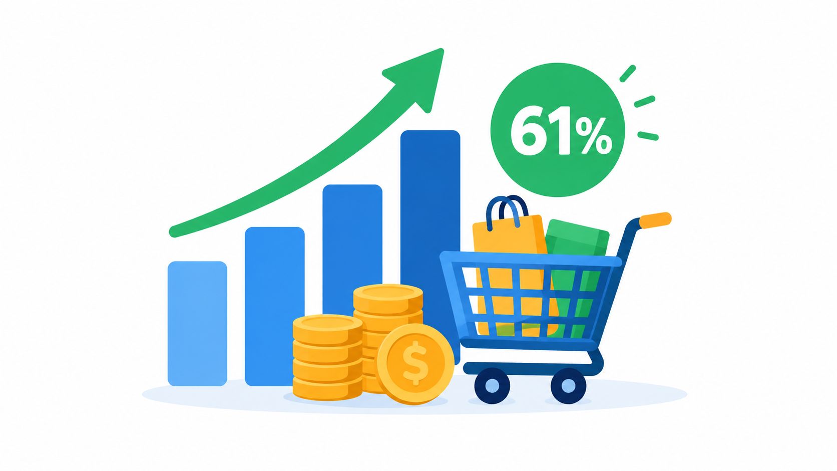 A 3D graphic showing a blue bar chart with a rising arrow and shopping cart, representing ecommerce growth.