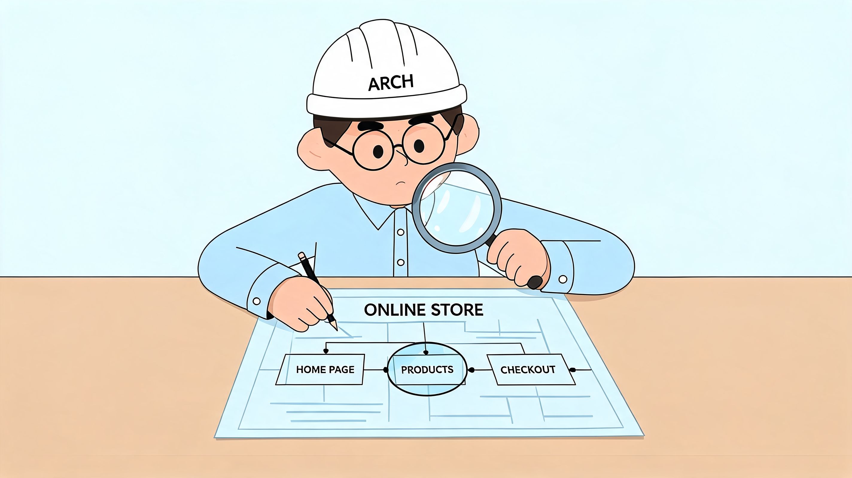 An architect in a hard hat inspects a flow chart for an online store website layout.