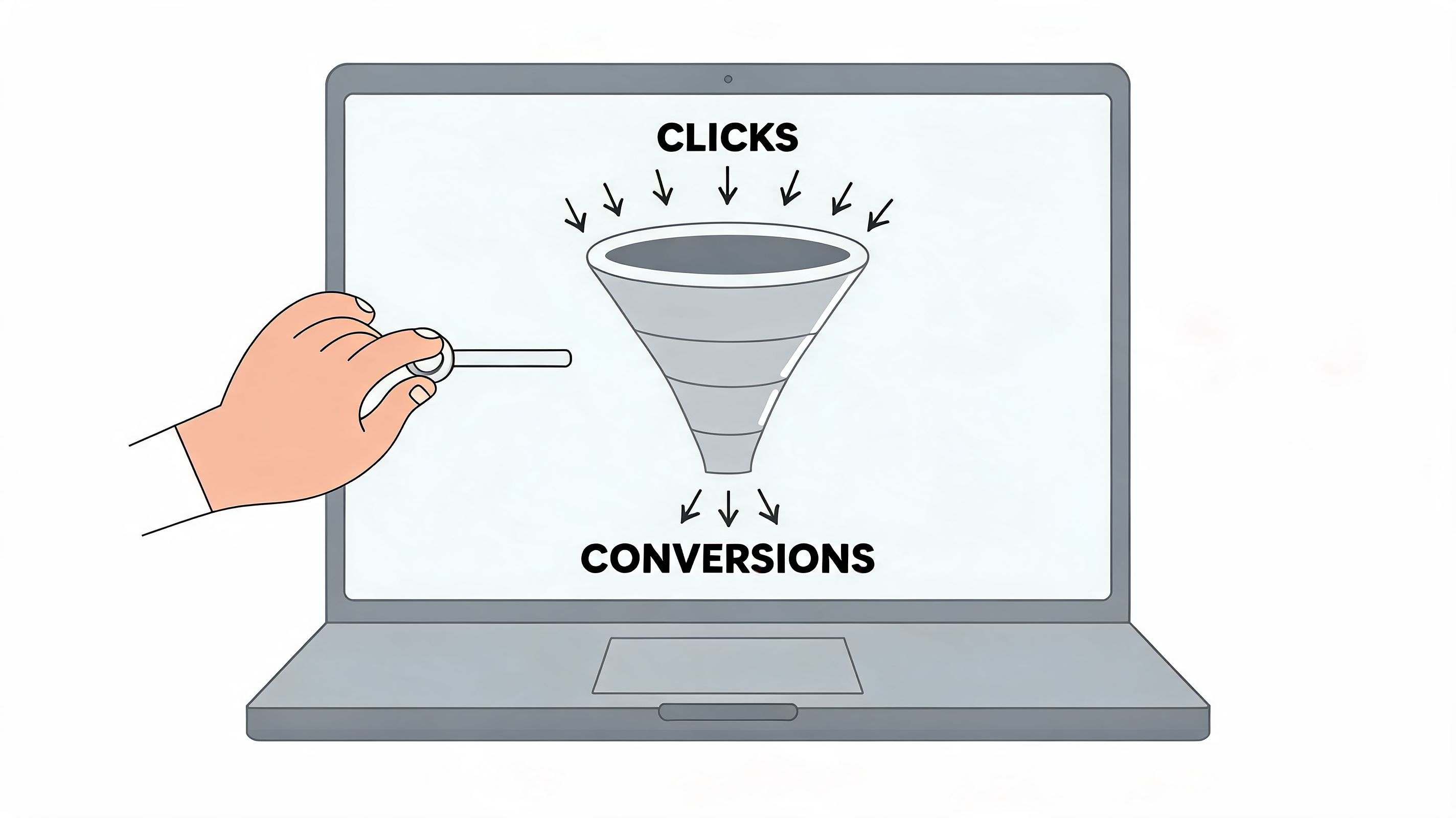 A hand points at a digital illustration of a marketing funnel turning clicks into ecommerce conversions.