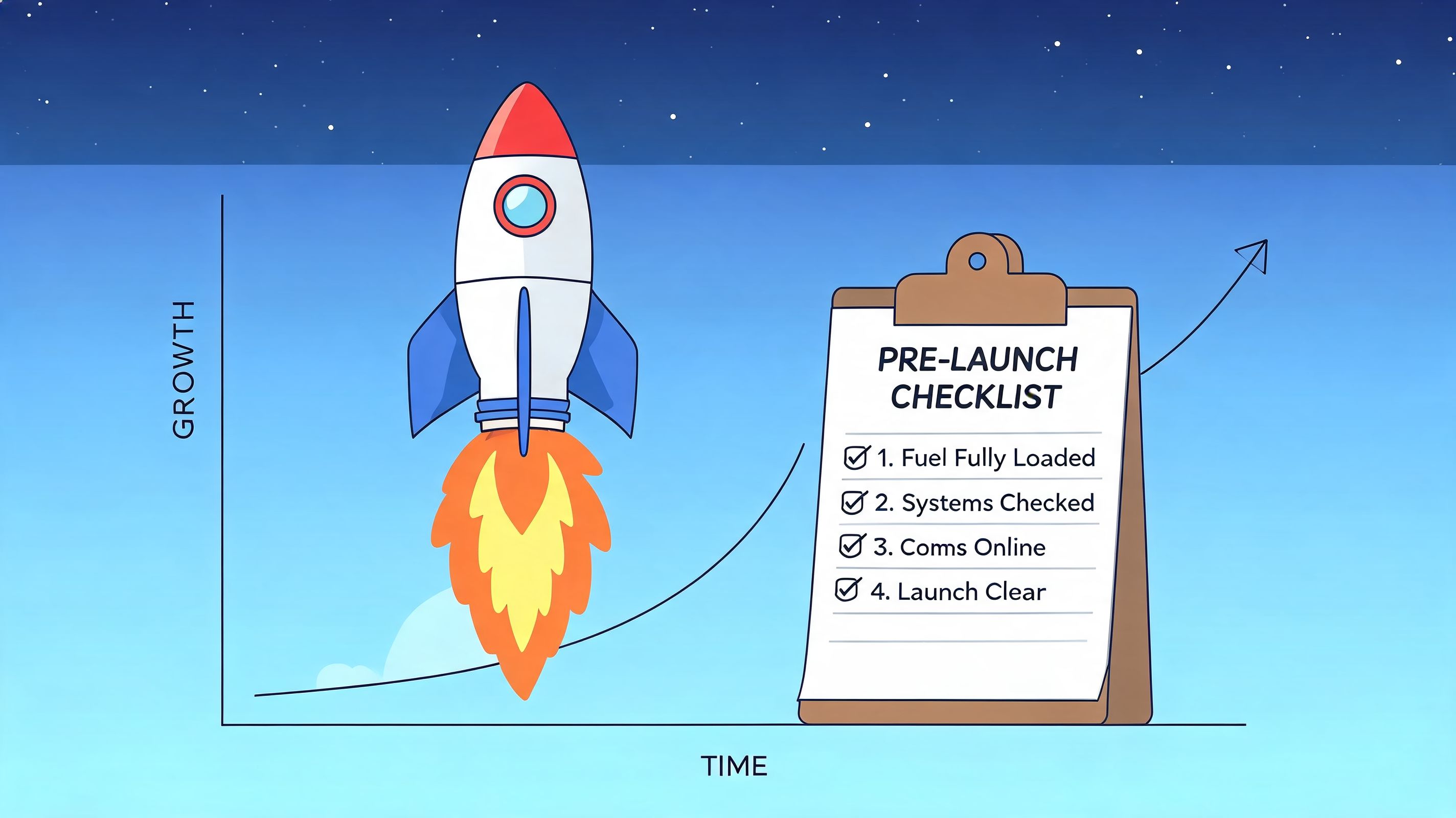 A rocket launching upwards on a growth graph next to a completed business pre-launch checklist on clipboard.