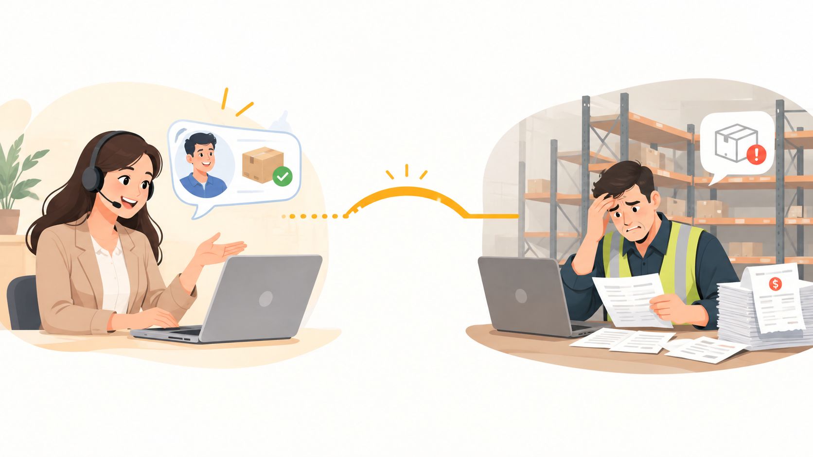 A customer service representative communicating with a stressed warehouse worker struggling with order and inventory management.