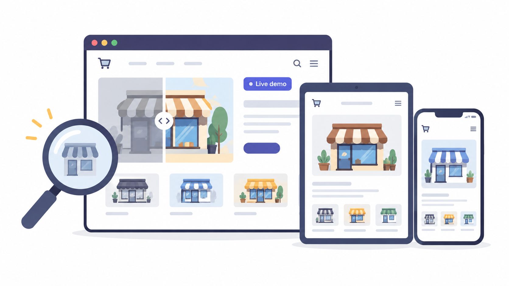 A responsive website design display showing a shopping interface on desktop, tablet, and smartphone screens.