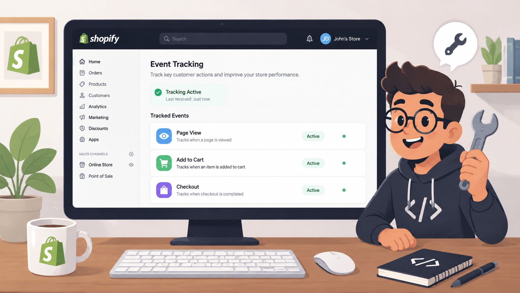A friendly developer character sitting at a computer showing Shopify event tracking settings on a screen.
