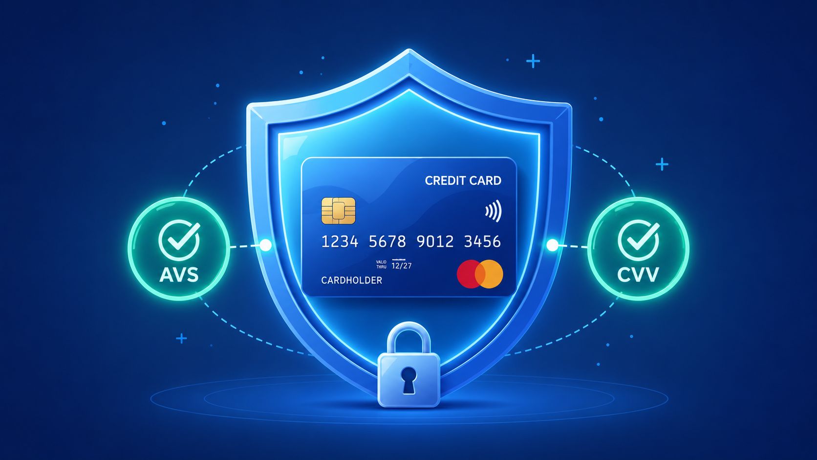 A digital shield graphic representing secure ecommerce credit card payments with AVS and CVV verification icons.