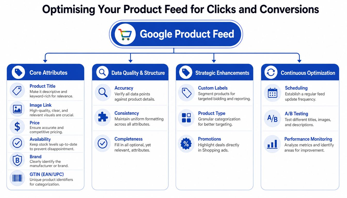 A comprehensive infographic outlining the key strategies for optimizing Google product feeds to increase clicks and conversions.