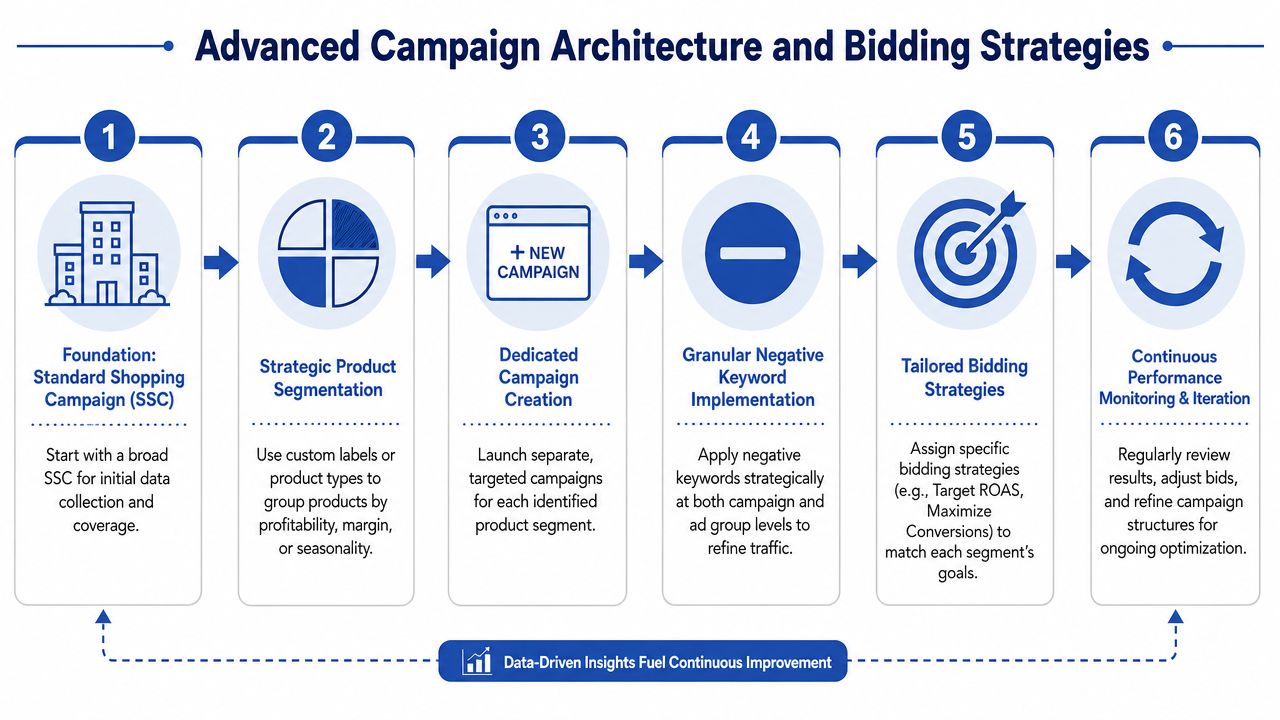 A six-step infographic illustrating advanced Google Shopping campaign architecture and bidding strategy optimization processes.