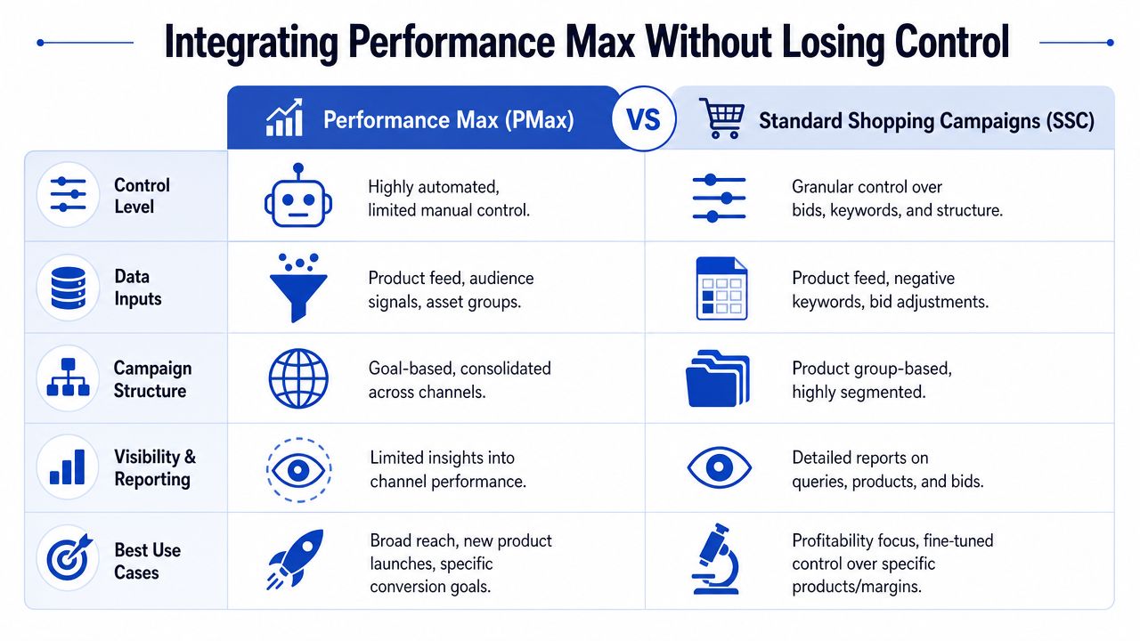 A comparison table outlining key differences between Google Performance Max and Standard Shopping Campaigns for digital advertisers.