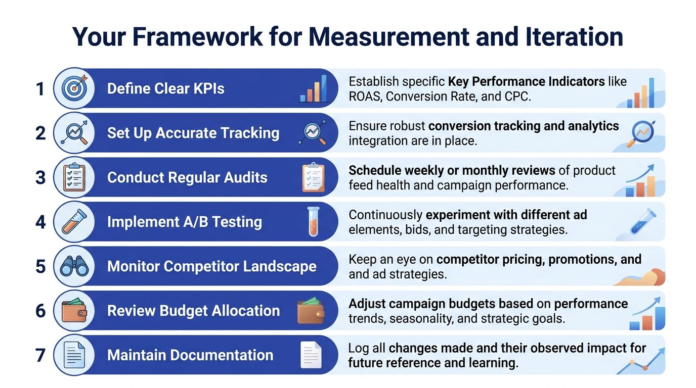 A seven-step framework for measurement and iteration in marketing, featuring clear actionable steps for performance optimization.