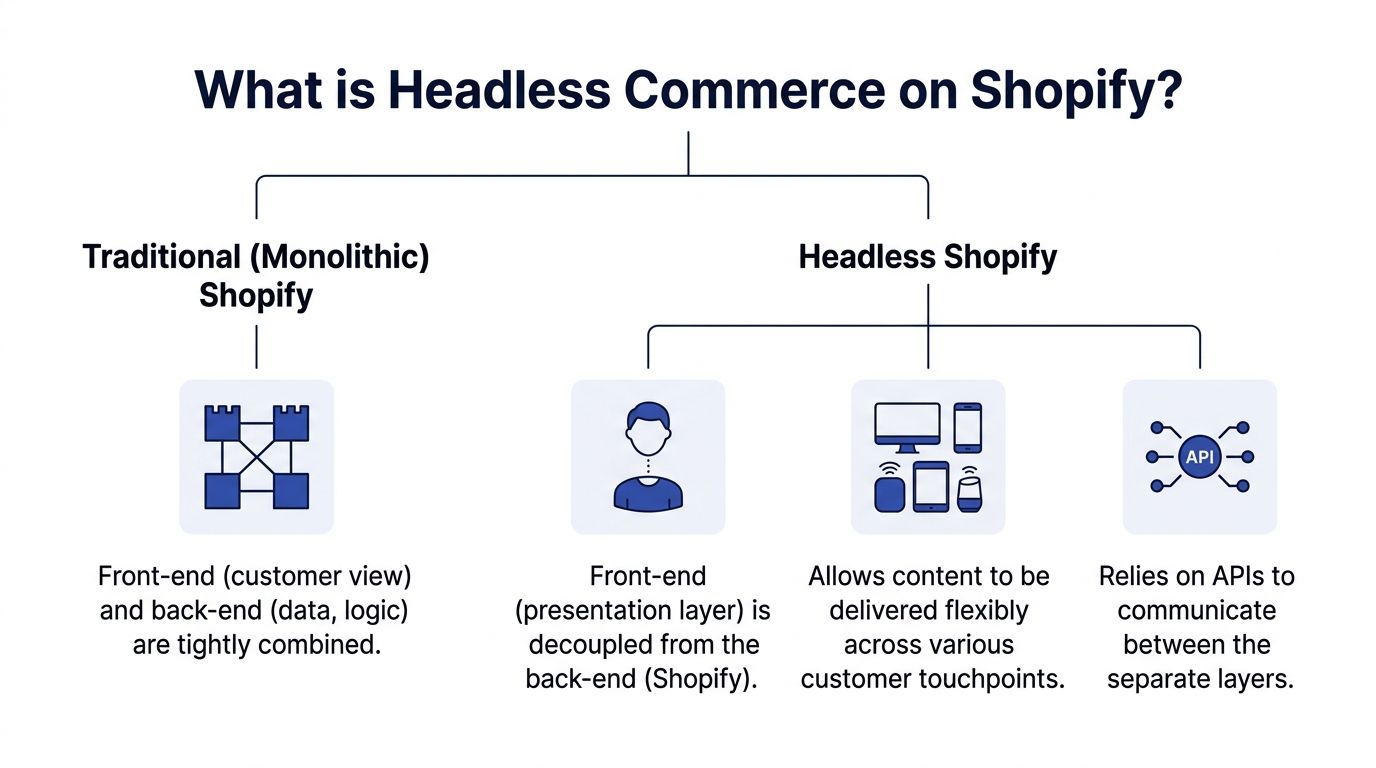 A diagram contrasting traditional monolithic Shopify architecture with headless Shopify commerce, highlighting decoupled front-end and back-end systems.