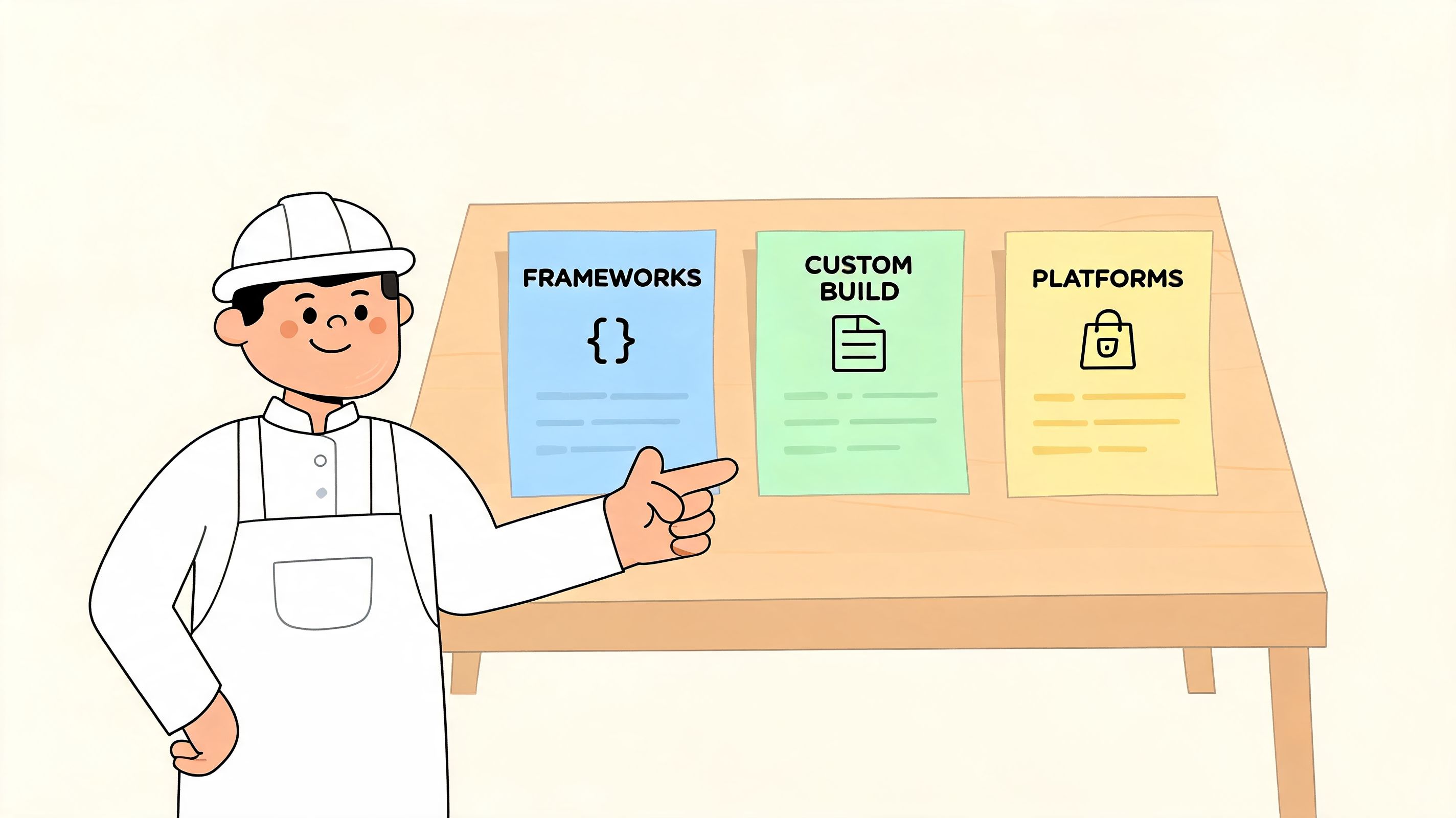 A friendly developer explaining three different software development approaches on a table: Frameworks, Custom Build, and Platforms.