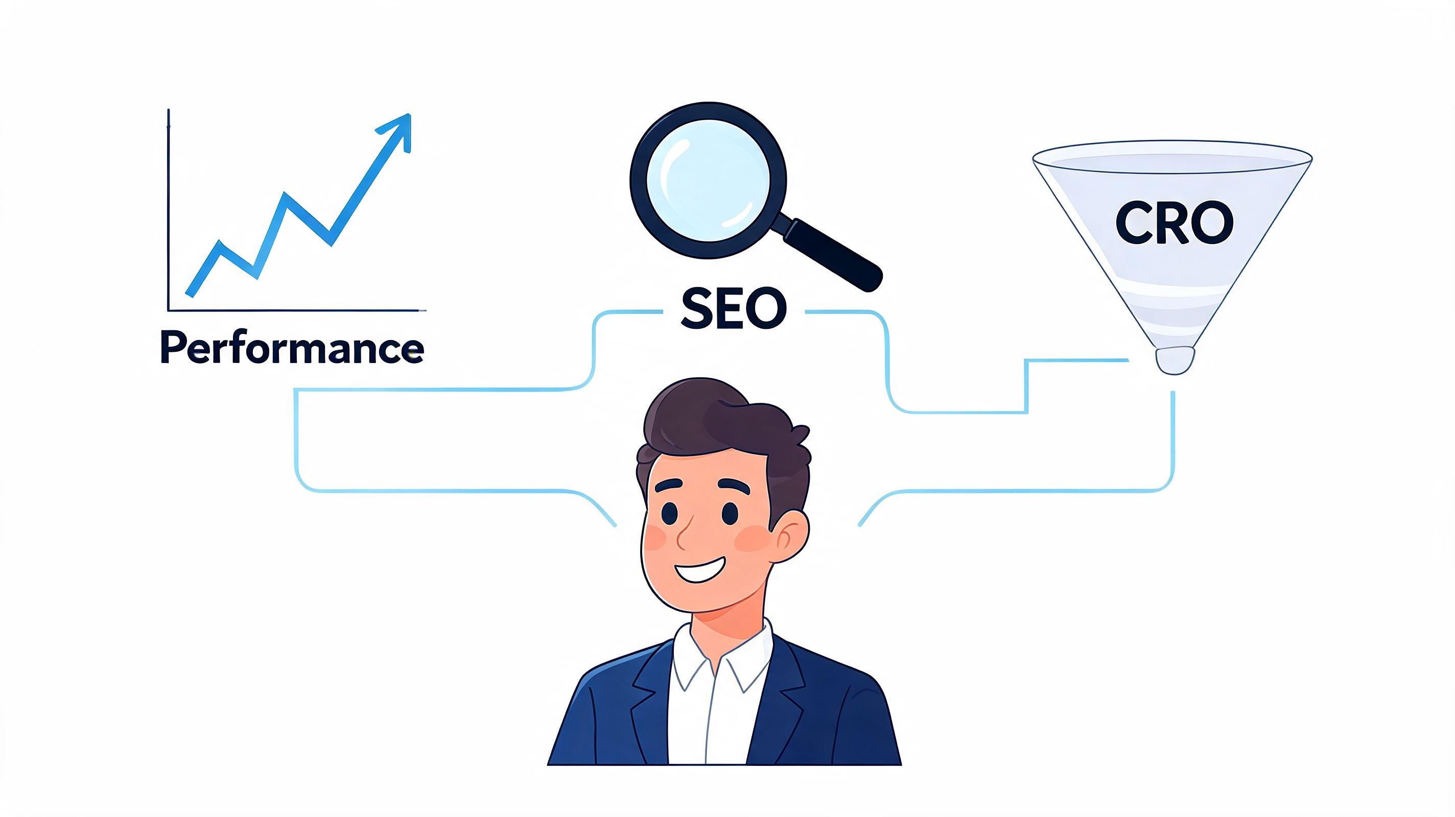 A professional man connecting performance metrics, SEO strategy, and conversion rate optimization in digital marketing.