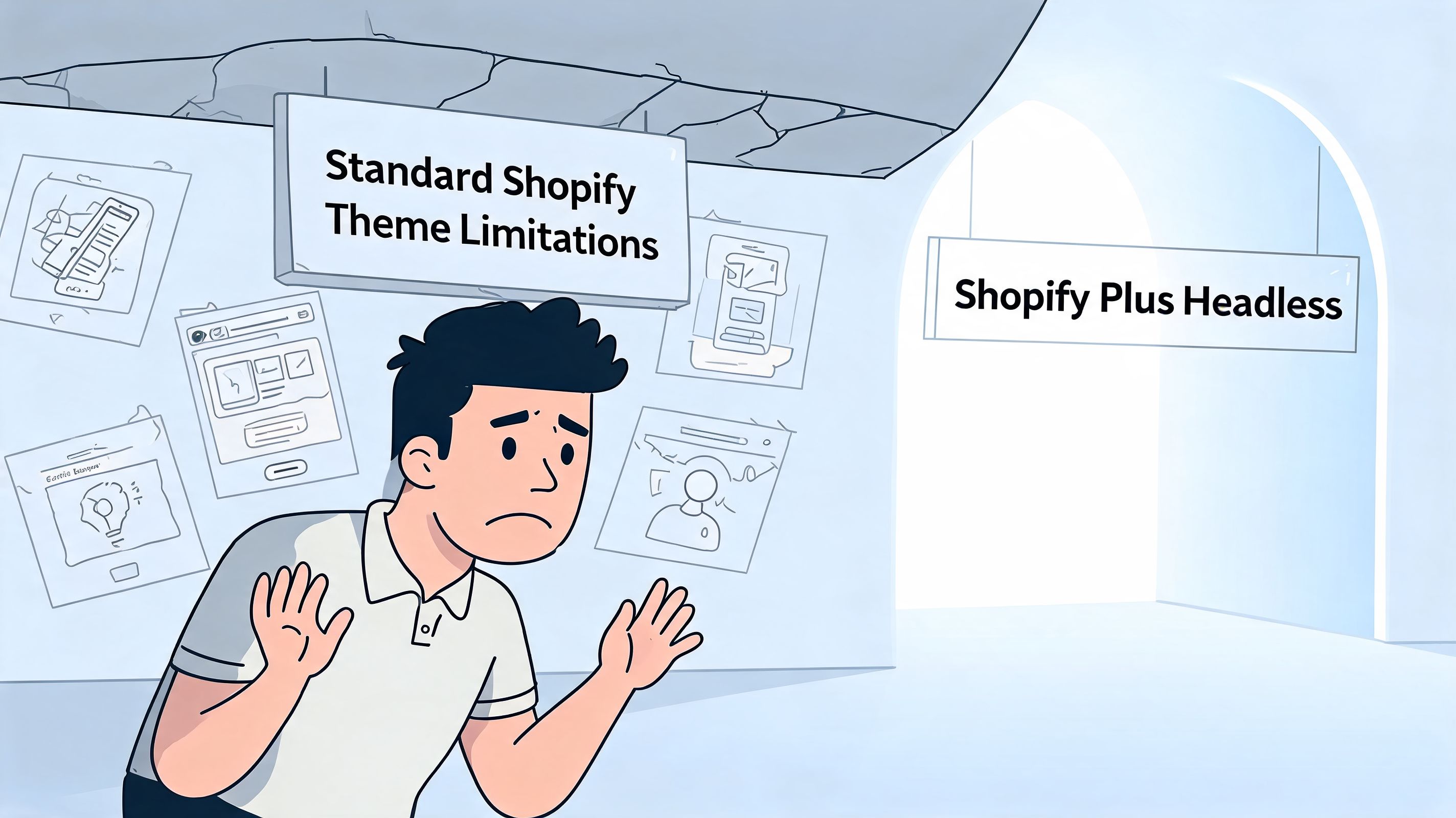 A confused person facing the choice between Shopify theme limitations and switching to a headless Shopify architecture.