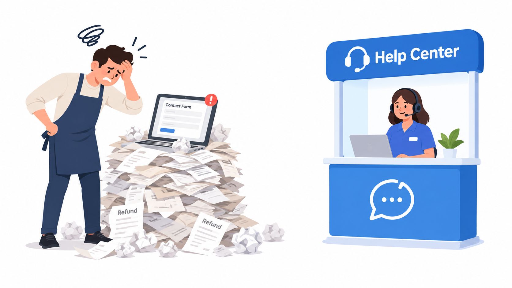 A frustrated store owner looking at a messy pile of refund paperwork beside a help center desk.
