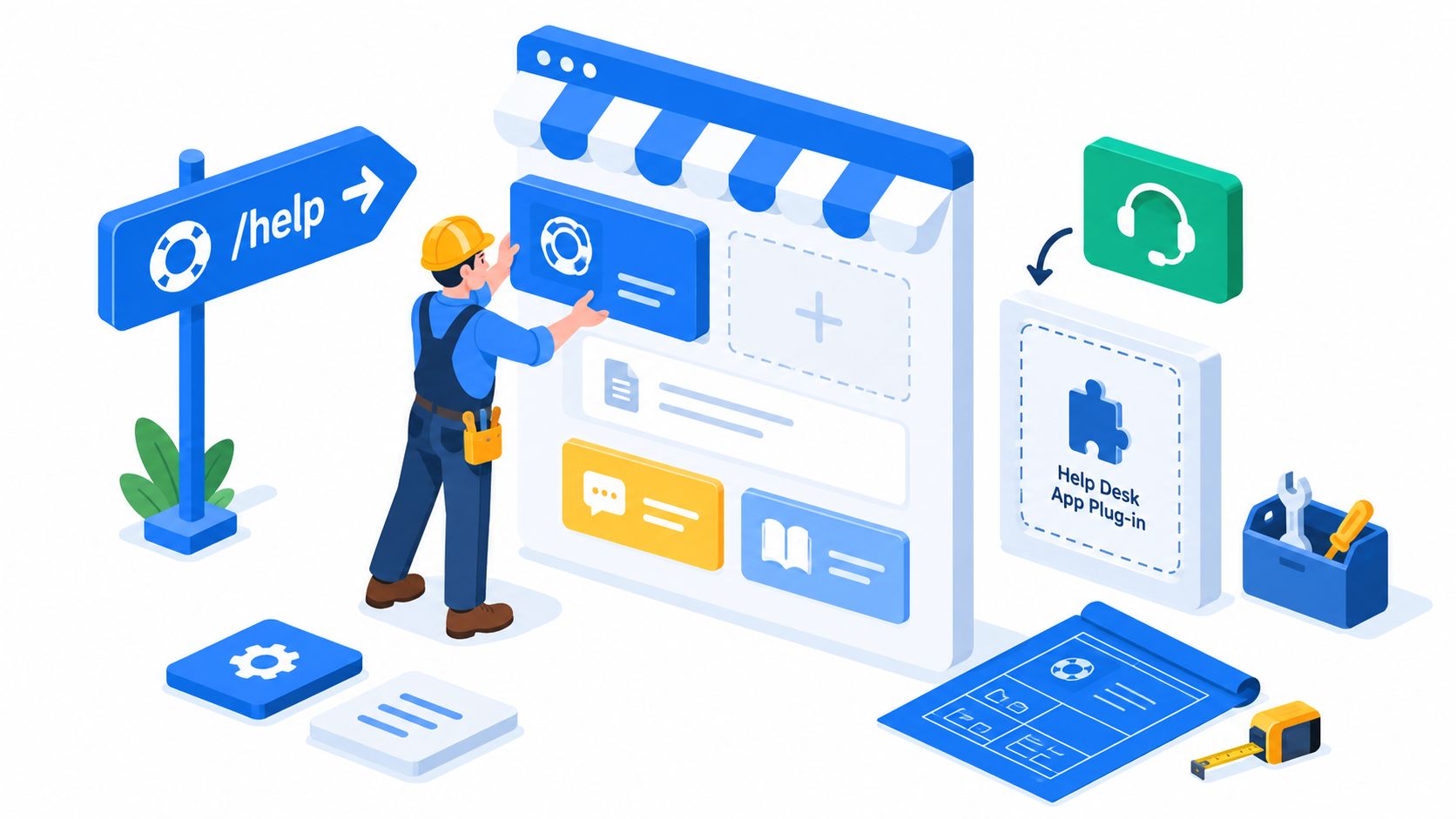 A construction worker installing a help center module onto a digital Shopify store interface in 3D style.