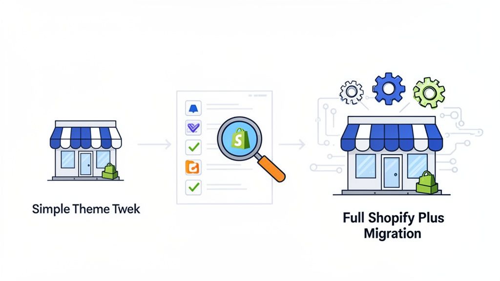 Visualizing the journey from a simple theme tweak to a comprehensive Shopify Plus migration process.