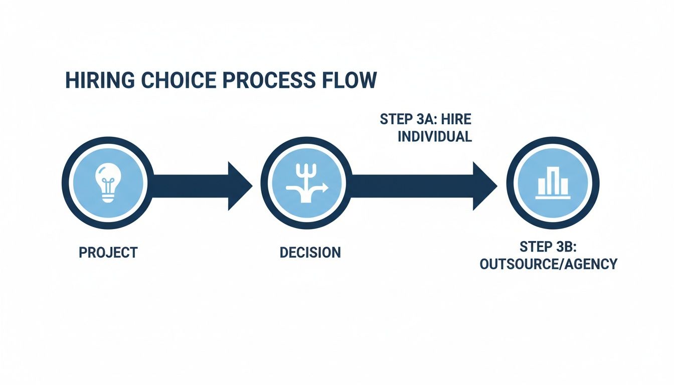 Hiring choice process flow showing project, decision, and options for hiring an individual or outsourcing.