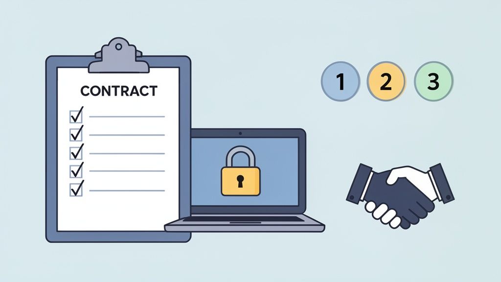 An illustration of a contract checklist, secured laptop, numbered steps, and a handshake for a deal.