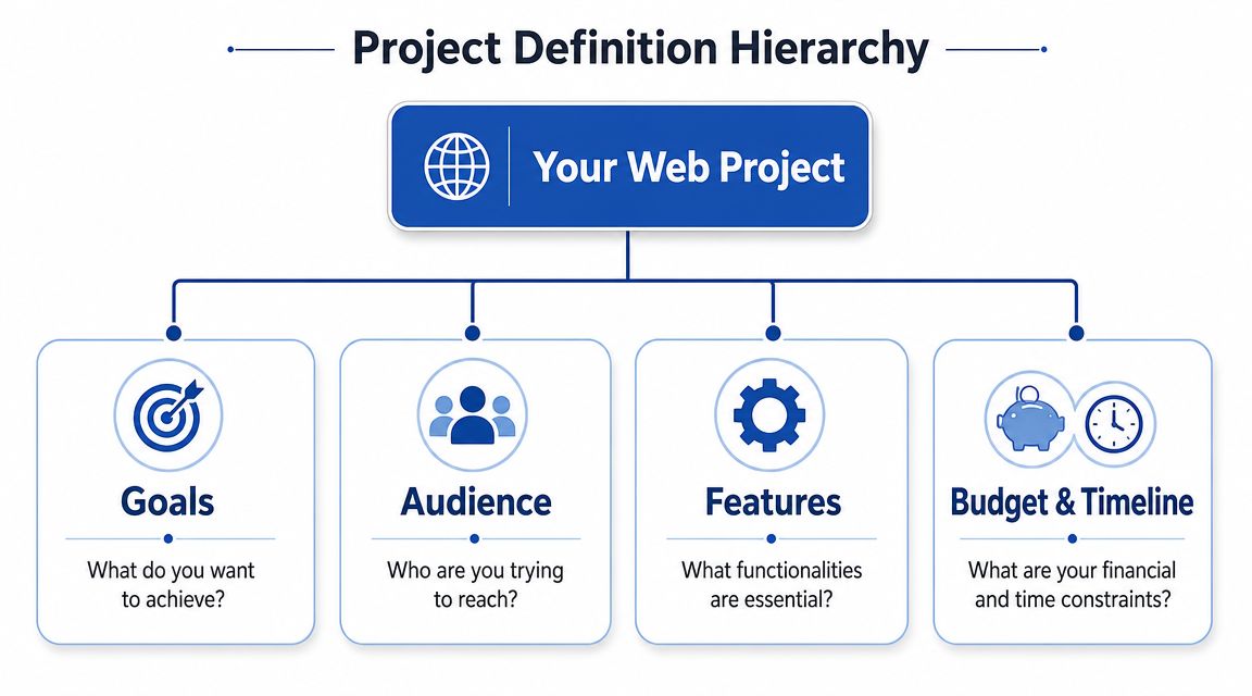 A diagram outlining the project definition hierarchy for a web project, including goals, audience, features, and constraints.