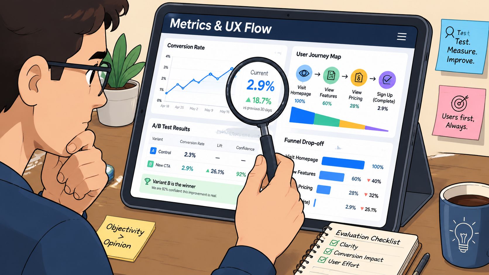 A UX designer analyzing user metrics, conversion rates, and funnel performance on a digital tablet screen.