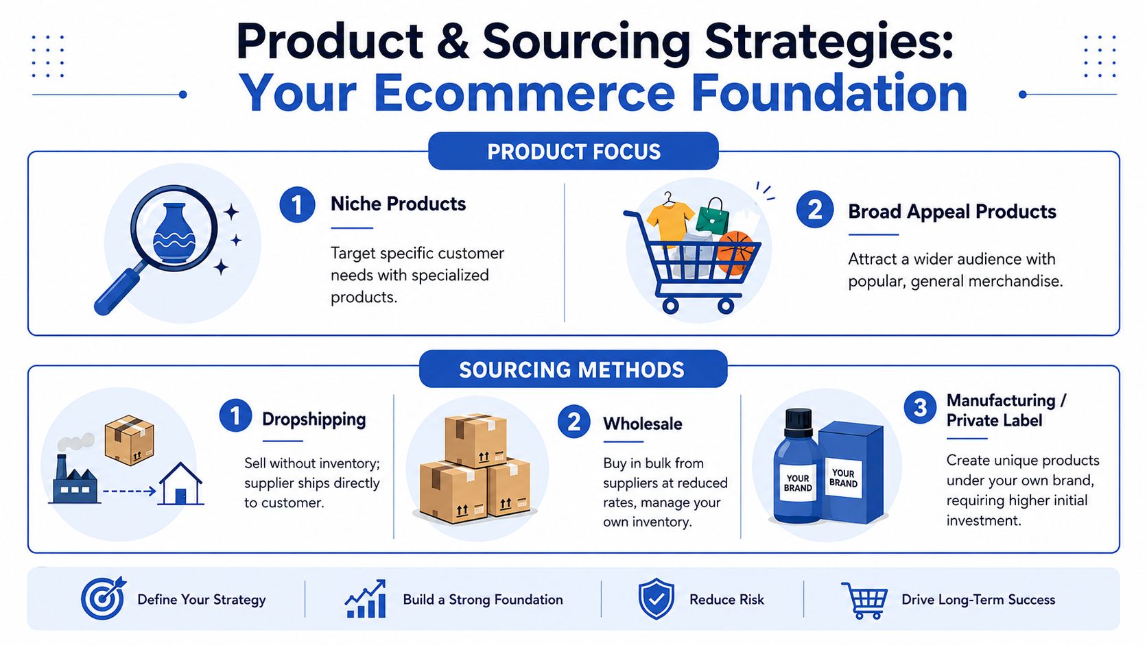 A visual guide outlining product selection and sourcing strategies for starting a successful ecommerce business.