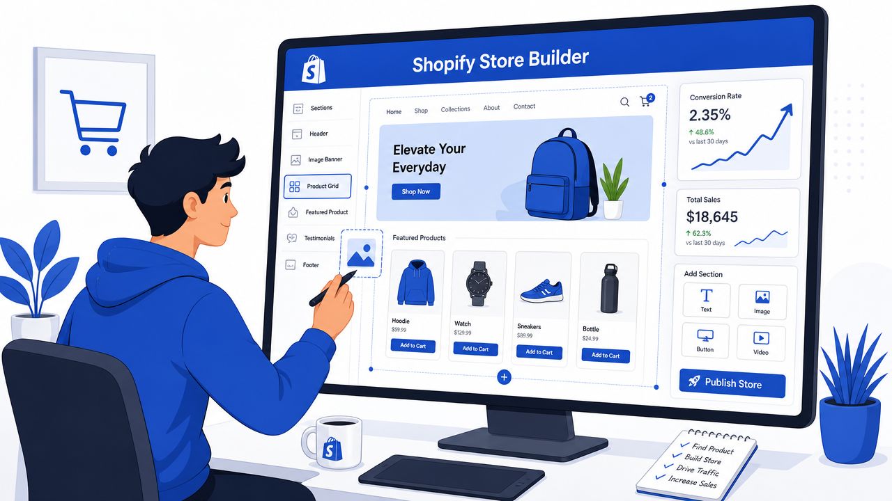 A digital illustration of a person building an online e-commerce shop using the Shopify Store Builder software.