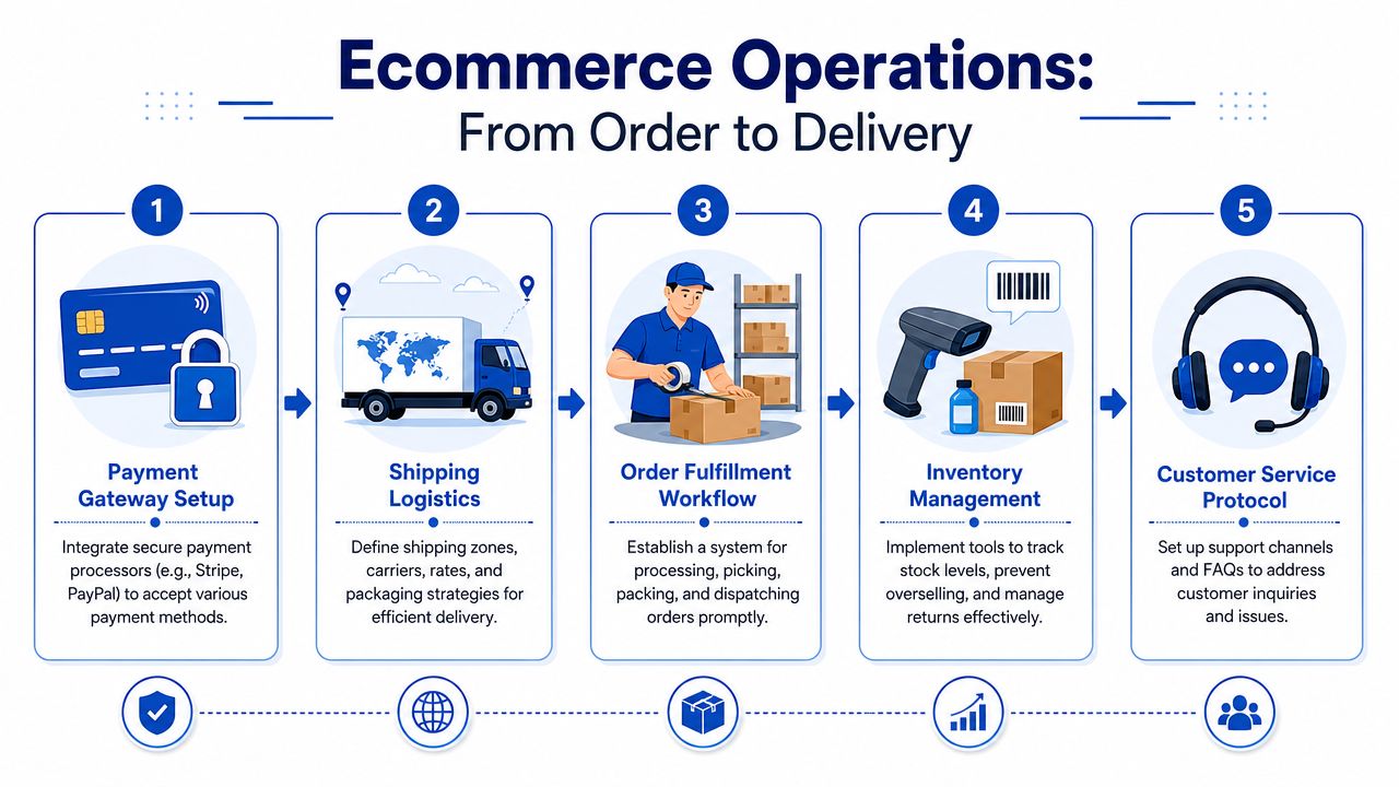 A five-step infographic illustrating essential ecommerce operations from payment processing to customer service support protocols.