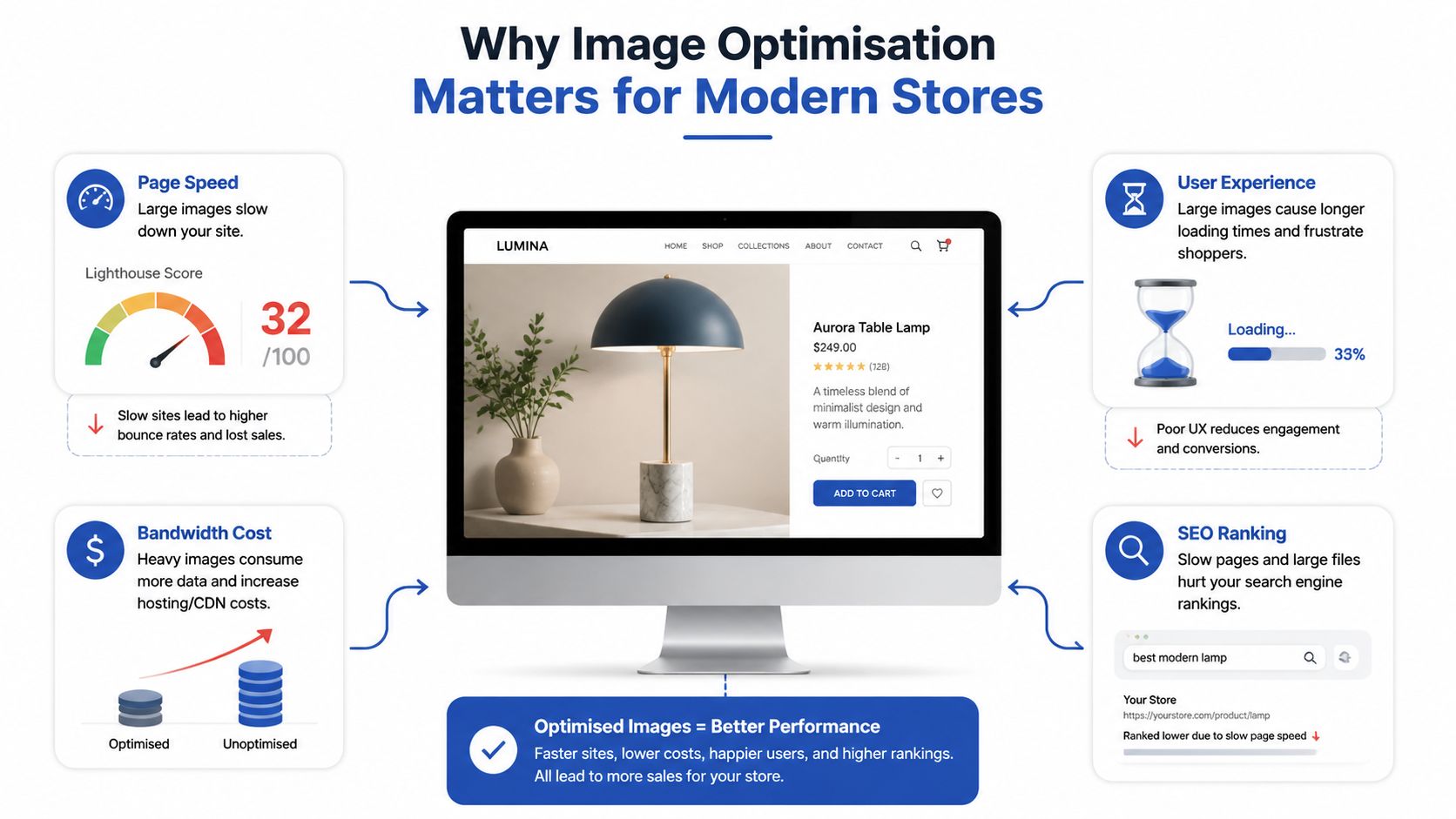 An infographic showing four key benefits of optimizing website images for better performance and store sales.