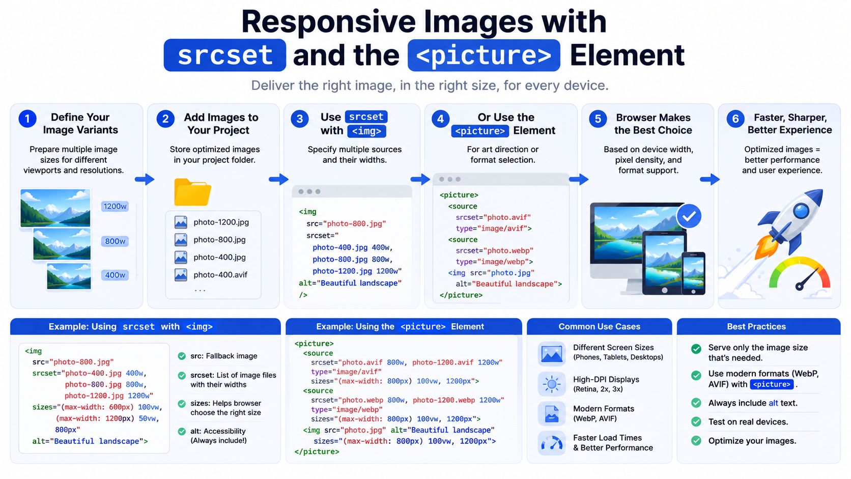 An infographic explaining how to use srcset and the picture element for responsive image optimization.