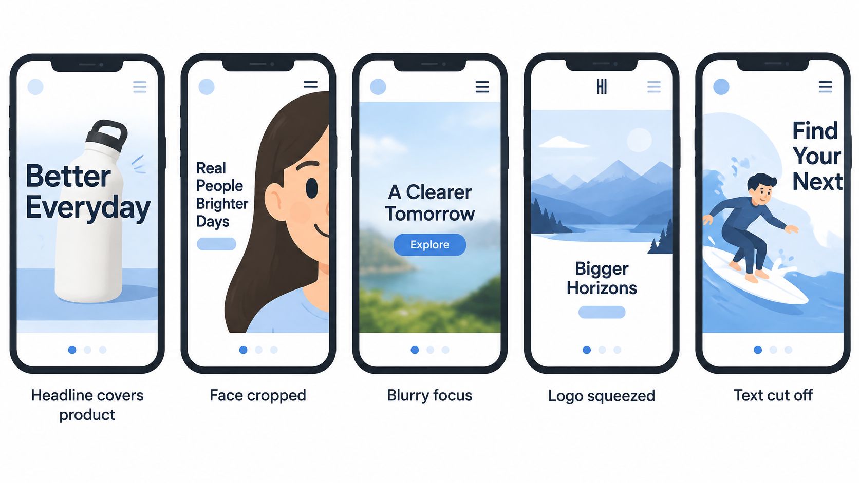 Five mobile phone mockups displaying common design issues including text overlays, cropping, blur, and layout distortion.
