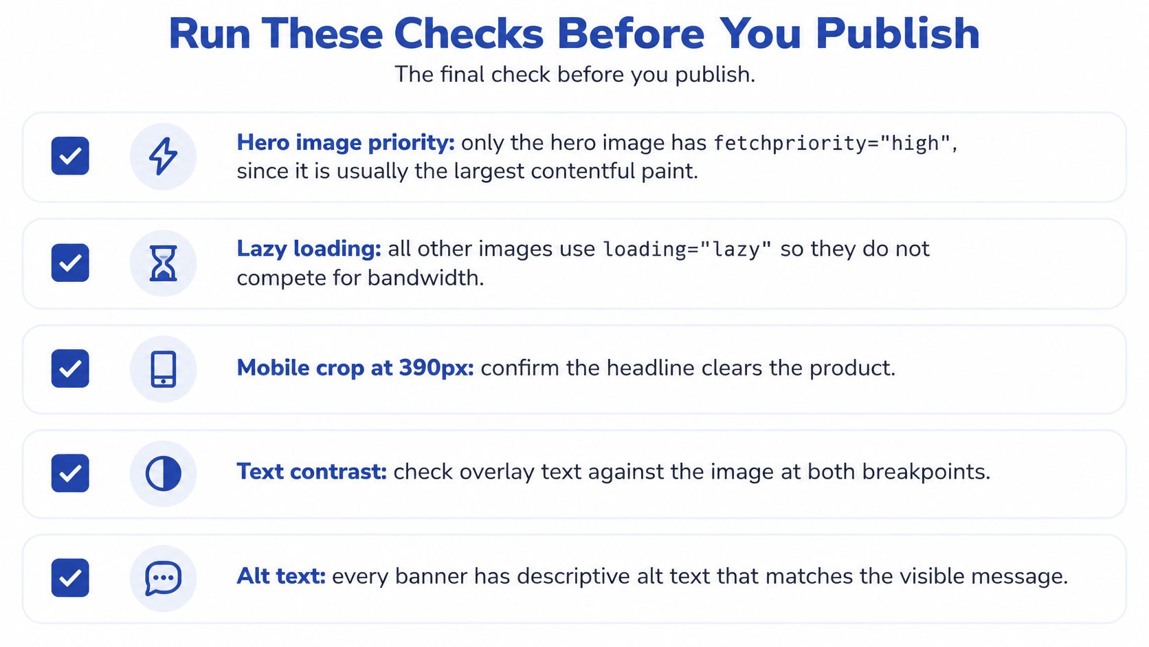 A checklist titled Run These Checks Before You Publish containing five essential web image optimization best practices.
