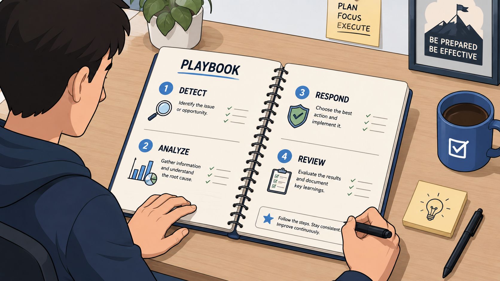 A person writing in a playbook about incident response planning on a desk with office supplies.